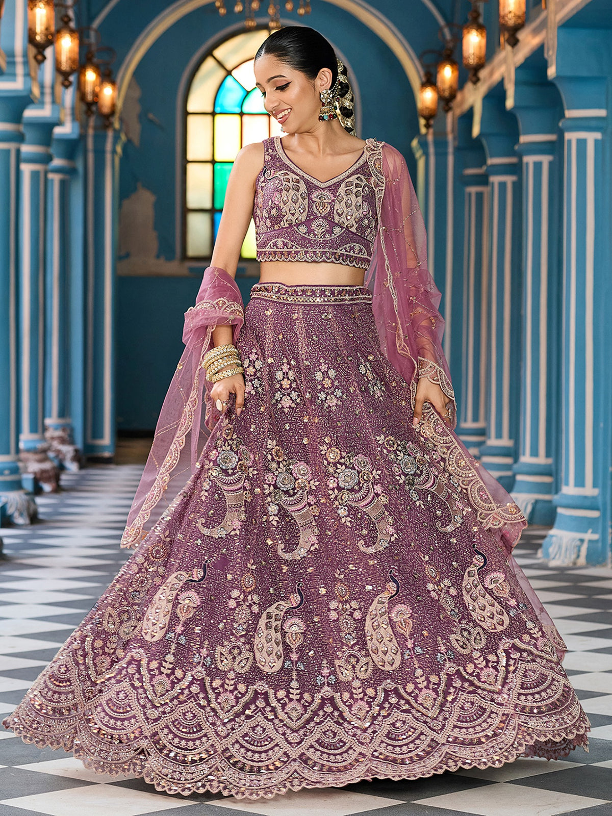 Pretty Lavender Embroidered Tissue Silk Reception Wear Lehenga Choli