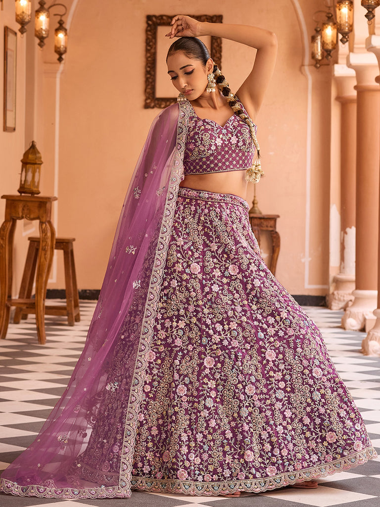 Adorable Purple Embroidered Tissue Silk Reception Wear Lehenga Choli