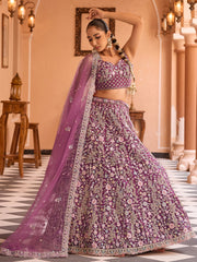 Adorable Purple Embroidered Tissue Silk Reception Wear Lehenga Choli
