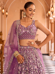 Adorable Purple Embroidered Tissue Silk Reception Wear Lehenga Choli