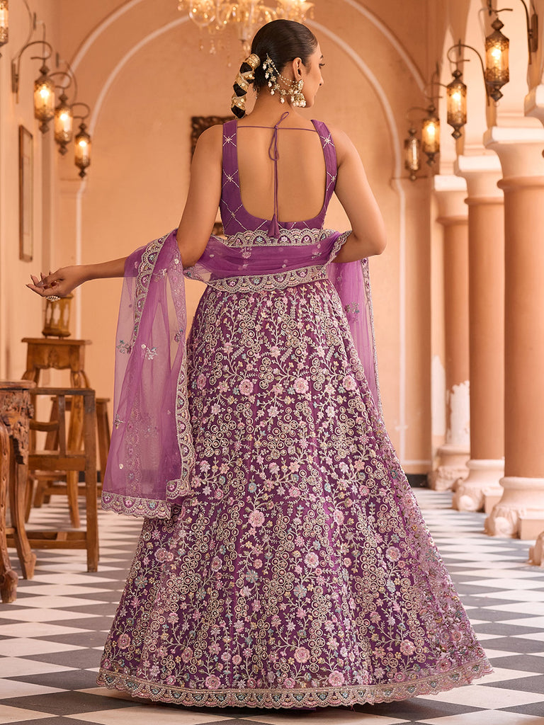 Adorable Purple Embroidered Tissue Silk Reception Wear Lehenga Choli