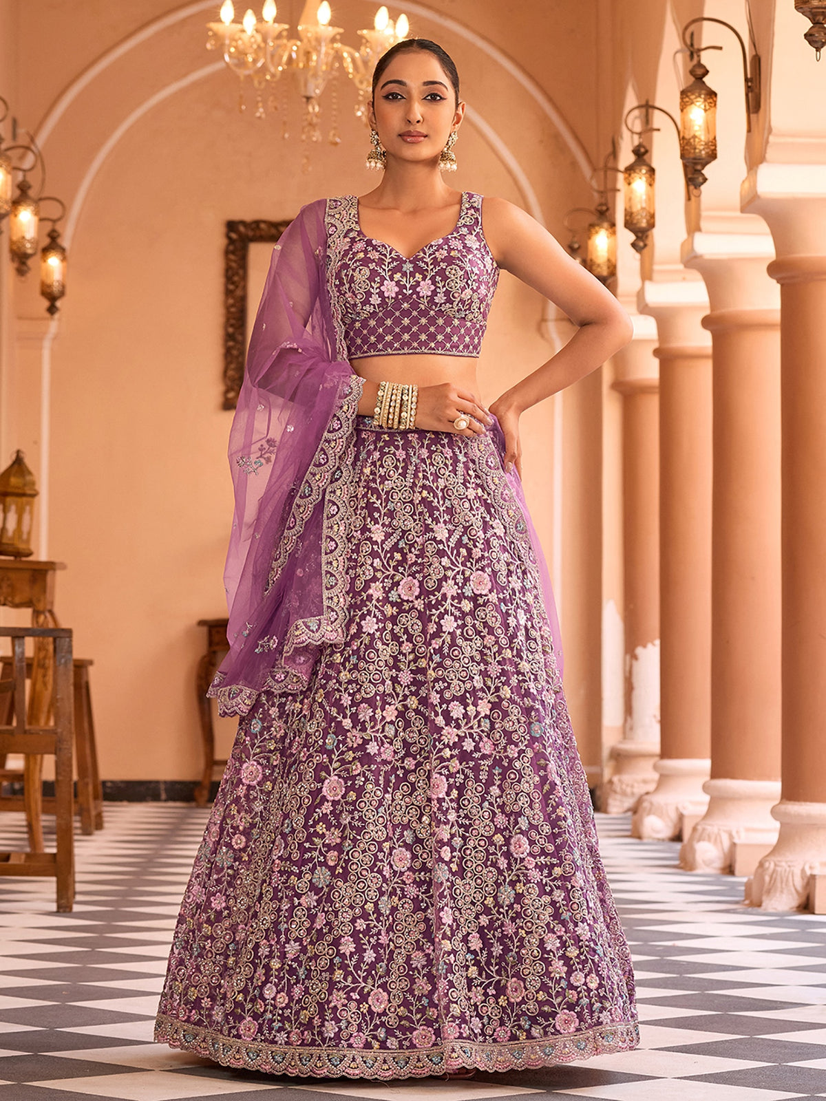 Adorable Purple Embroidered Tissue Silk Reception Wear Lehenga Choli