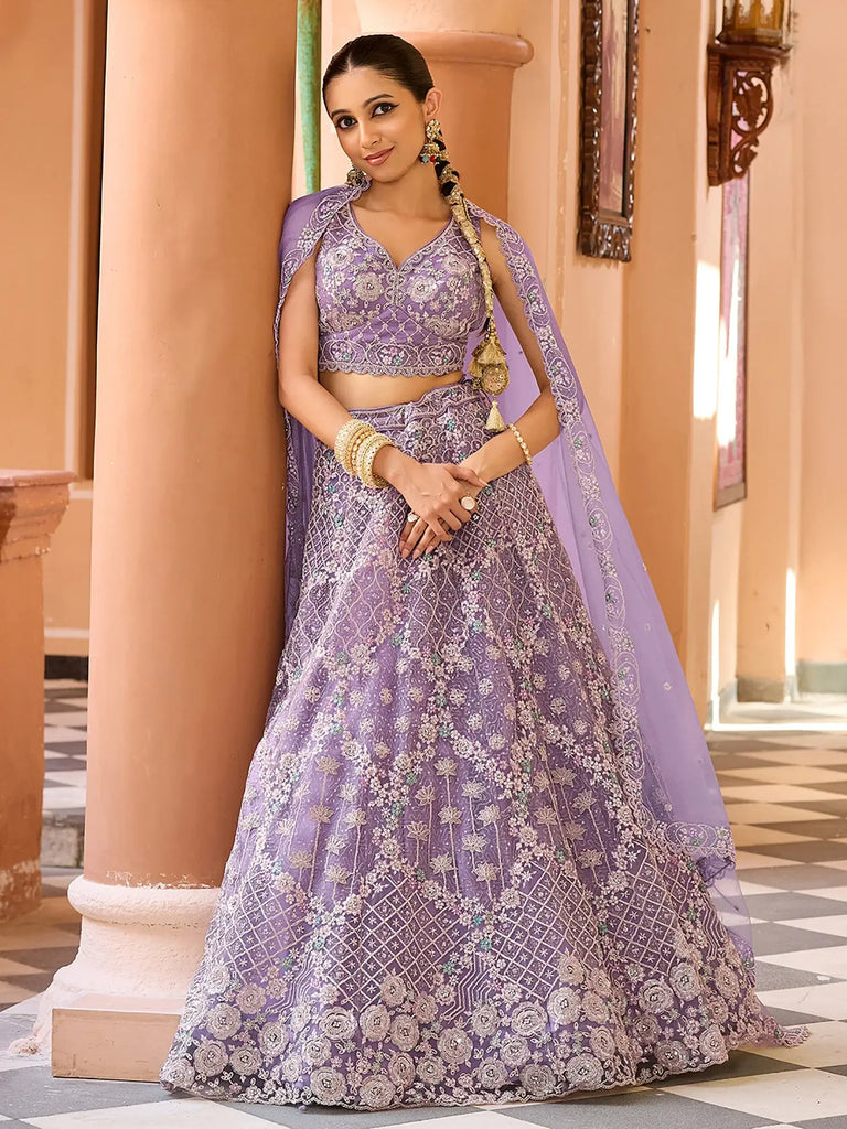 Alluring Purple Sequins Embroidered Net Reception Wear Lehenga Choli
