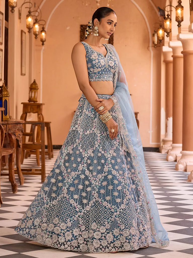 Gorgeous Teal Sequins Embroidered Net Wedding Wear Lehenga Choli