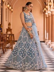 Gorgeous Teal Sequins Embroidered Net Wedding Wear Lehenga Choli