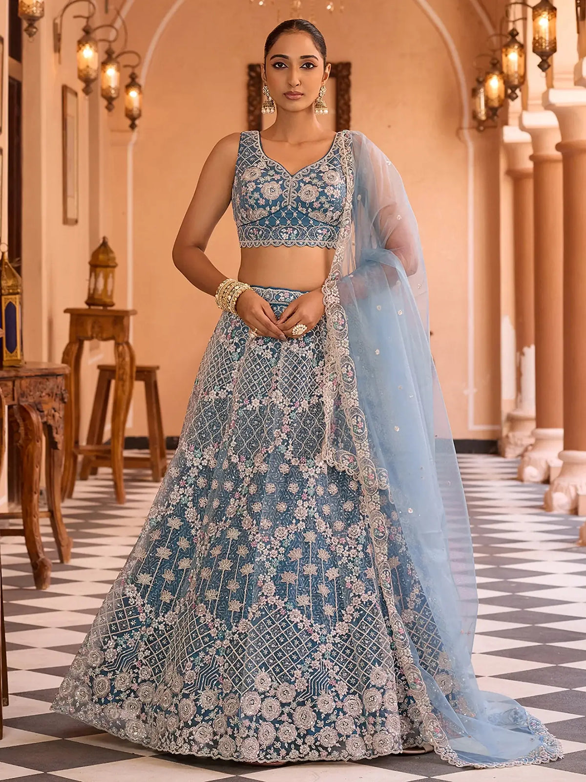 Gorgeous Teal Sequins Embroidered Net Wedding Wear Lehenga Choli