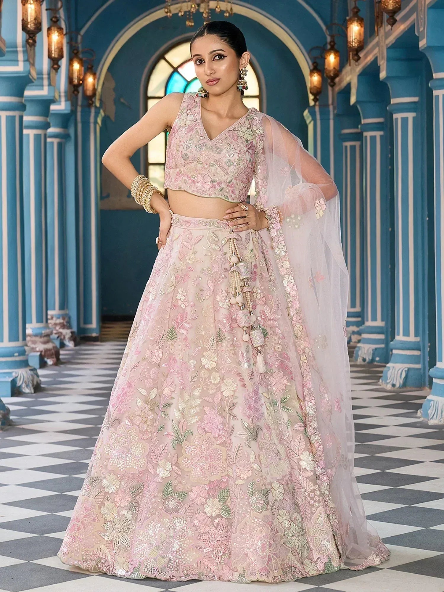 Alluring Cream Sequins Embroidered Net Bridesmaid Lehenga Choli