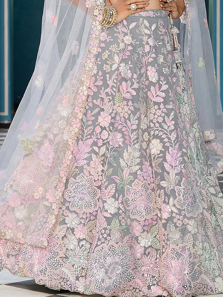 Attractive Grey Sequins Embroidered Net Reception Wear Lehenga Choli