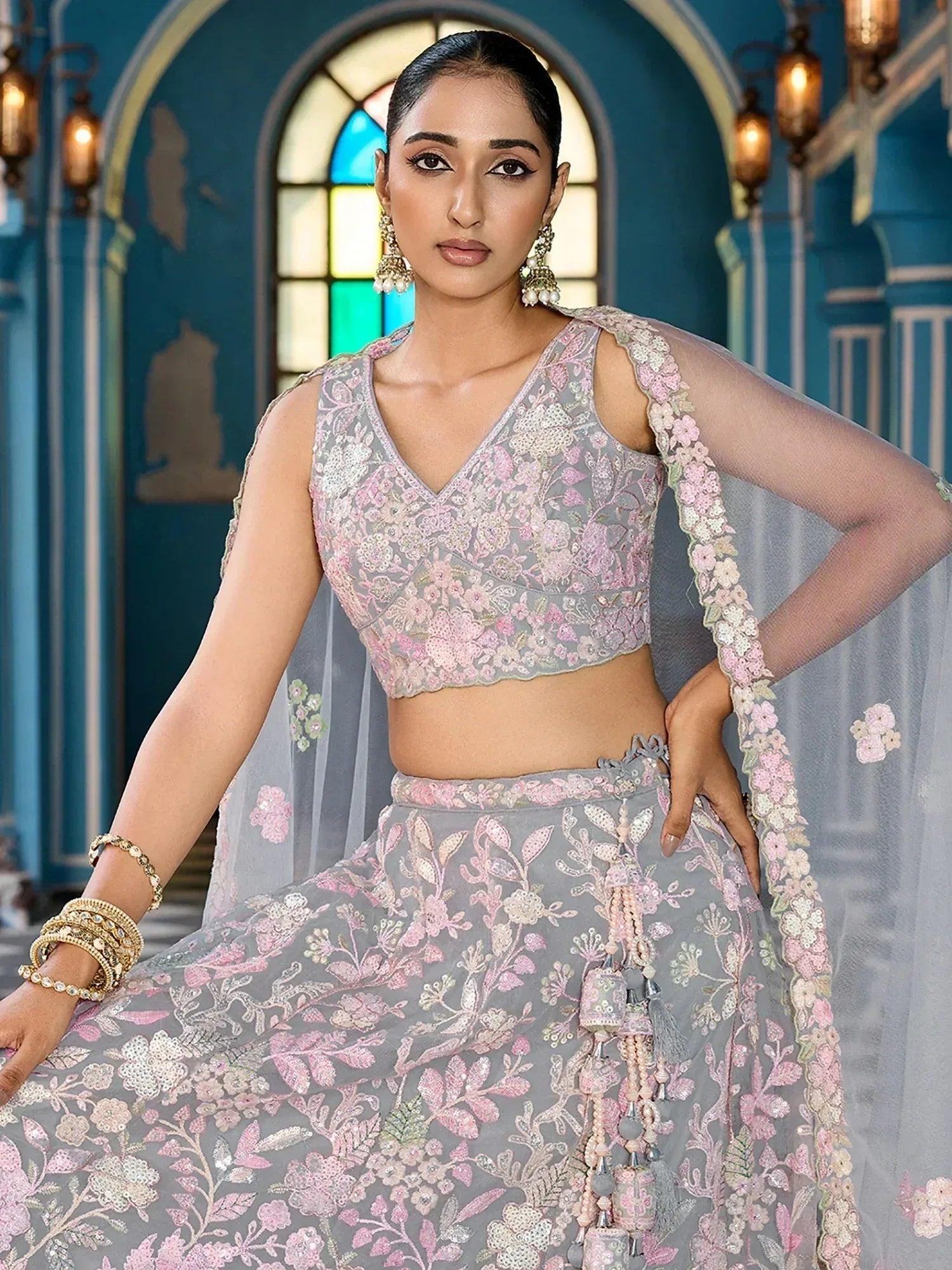 Attractive Grey Sequins Embroidered Net Reception Wear Lehenga Choli