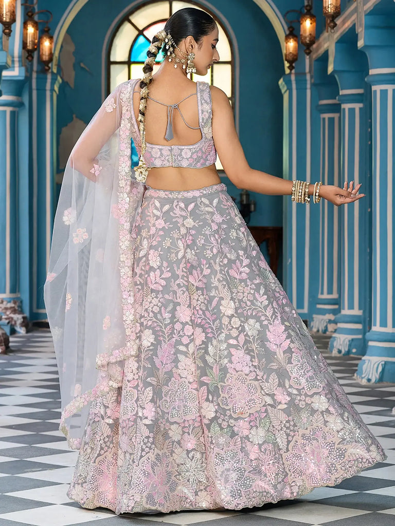 Attractive Grey Sequins Embroidered Net Reception Wear Lehenga Choli
