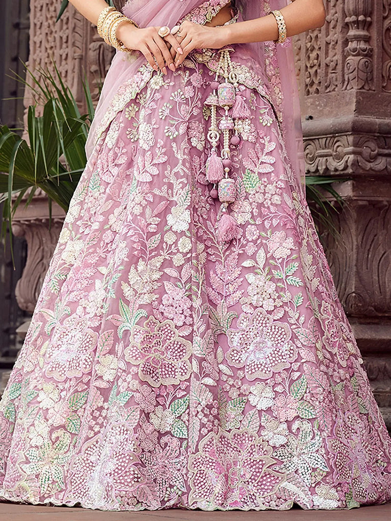 Awesome Pink Sequins Embroidered Net Party Wear Lehenga Choli