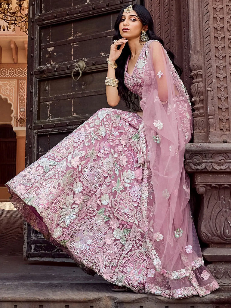 Awesome Pink Sequins Embroidered Net Party Wear Lehenga Choli