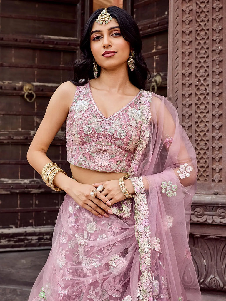 Awesome Pink Sequins Embroidered Net Party Wear Lehenga Choli