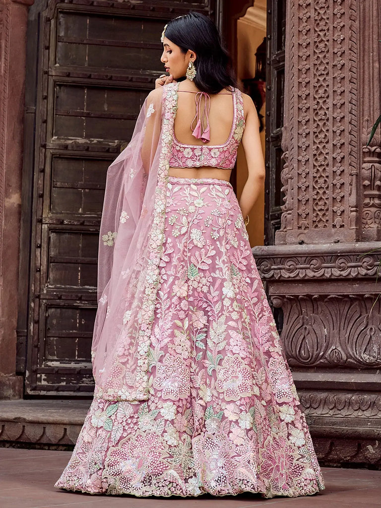 Awesome Pink Sequins Embroidered Net Party Wear Lehenga Choli