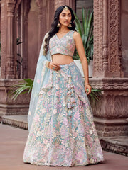Amazing Blue Sequins Embroidered Net Engagement Wear Lehenga Choli