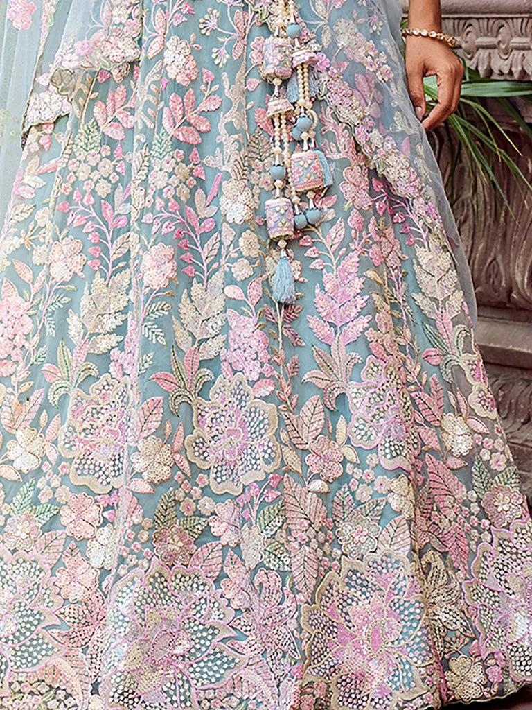 Amazing Blue Sequins Embroidered Net Engagement Wear Lehenga Choli