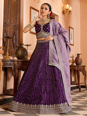 Pretty Purple Sequins Embroidered Tissue Engagement Wear Lehenga Choli