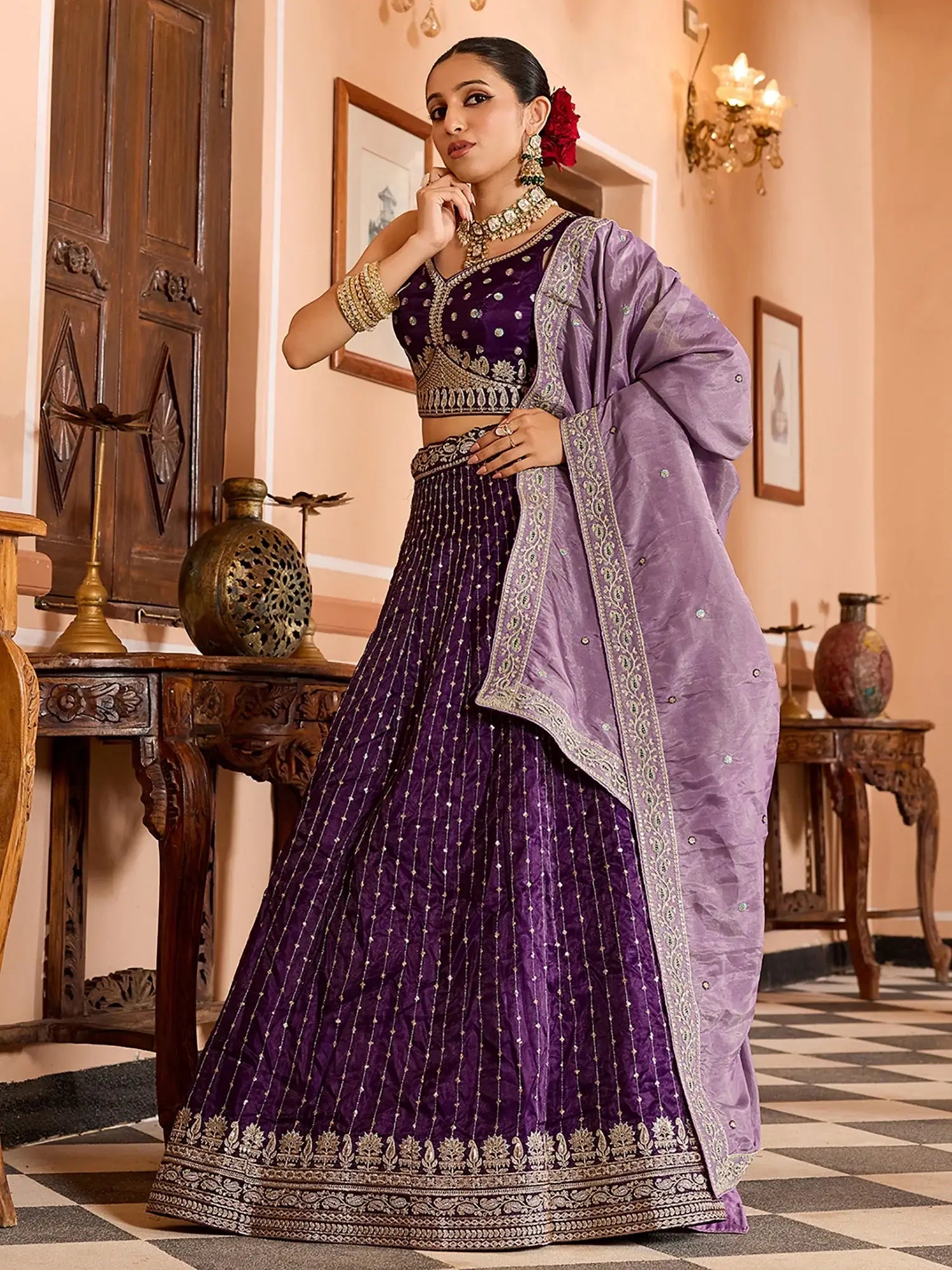 Pretty Purple Sequins Embroidered Tissue Engagement Wear Lehenga Choli