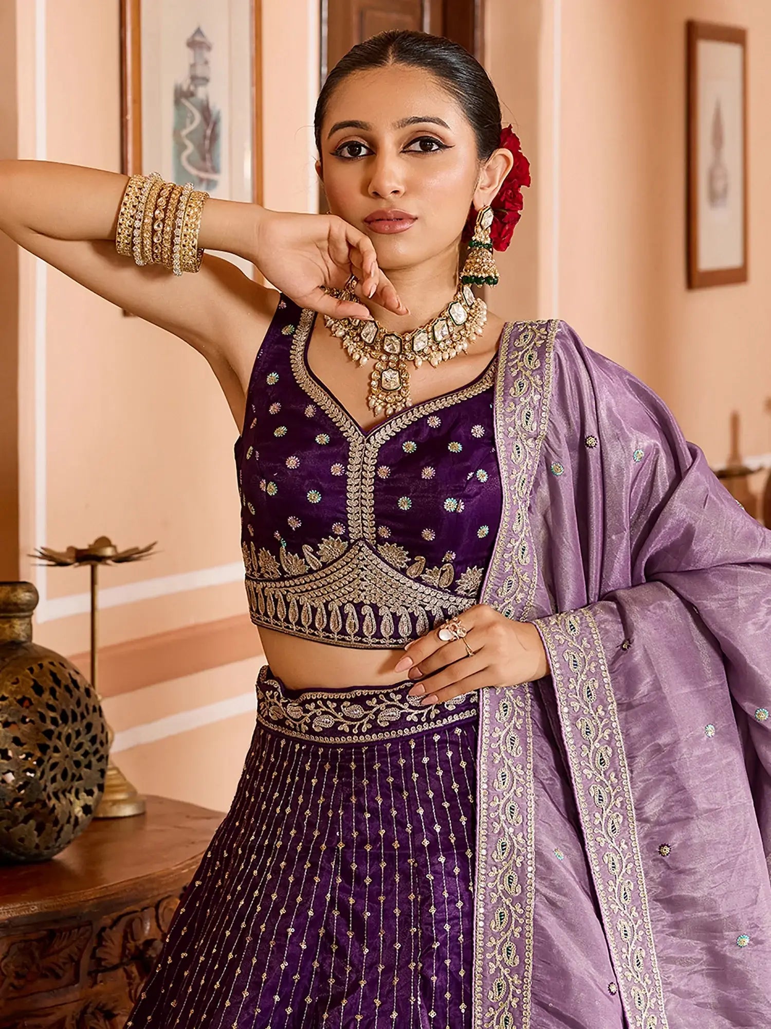 Pretty Purple Sequins Embroidered Tissue Engagement Wear Lehenga Choli