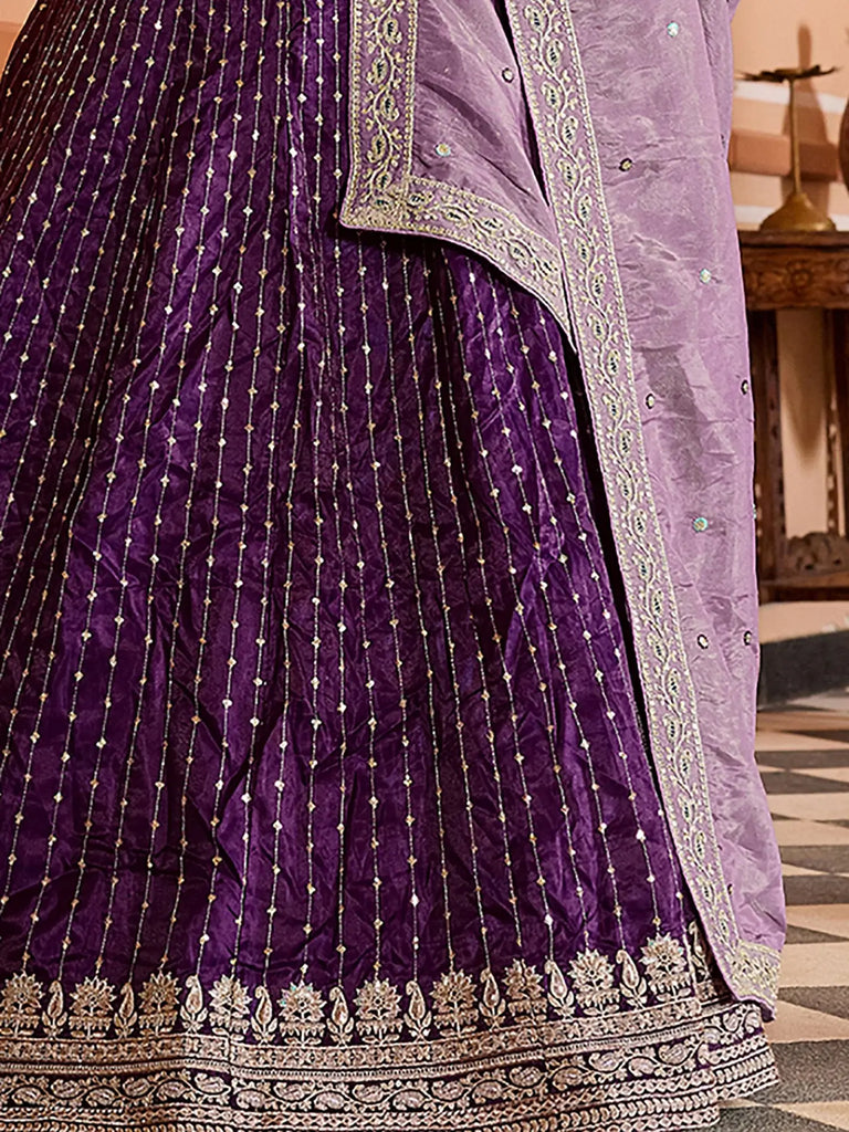 Pretty Purple Sequins Embroidered Tissue Engagement Wear Lehenga Choli