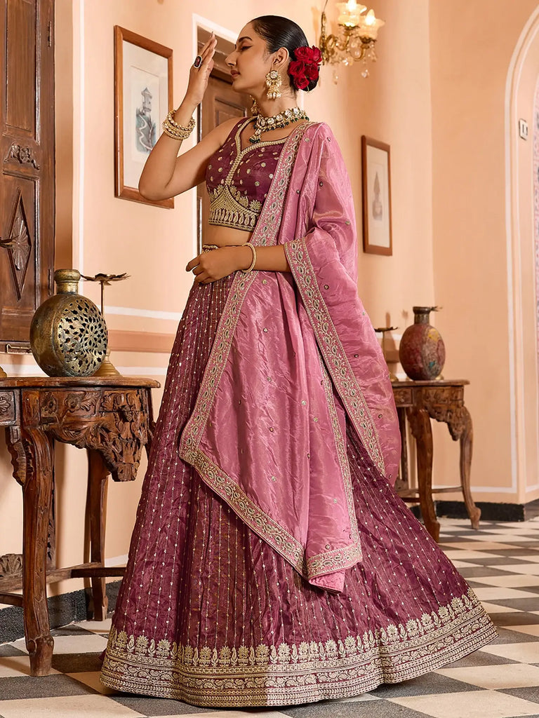 Lovely Maroon Sequins Embroidered Tissue Bridesmaid Lehenga Choli