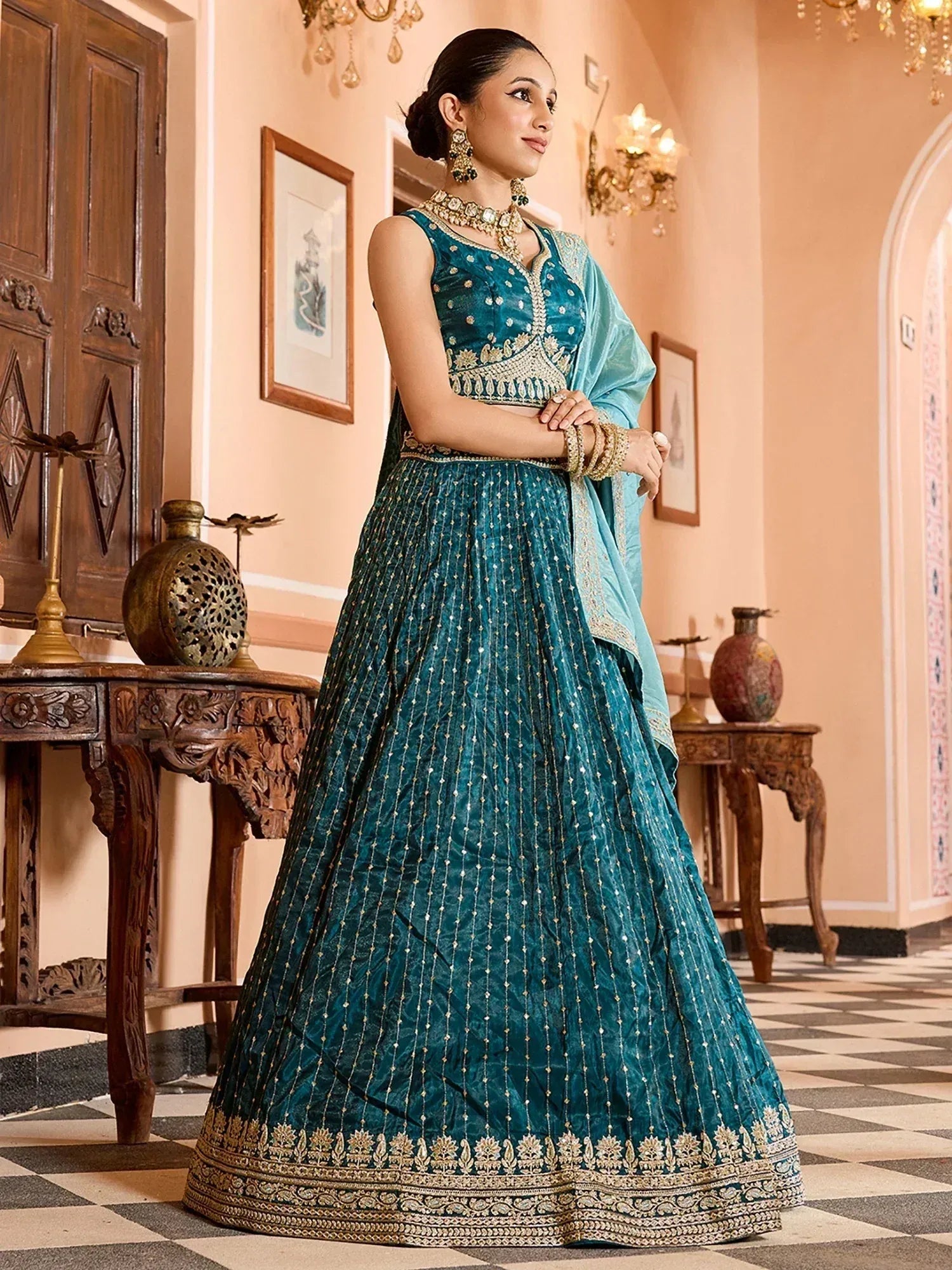 Stylish Teal Blue Sequins Embroidered Tissue Bridesmaid Lehenga Choli