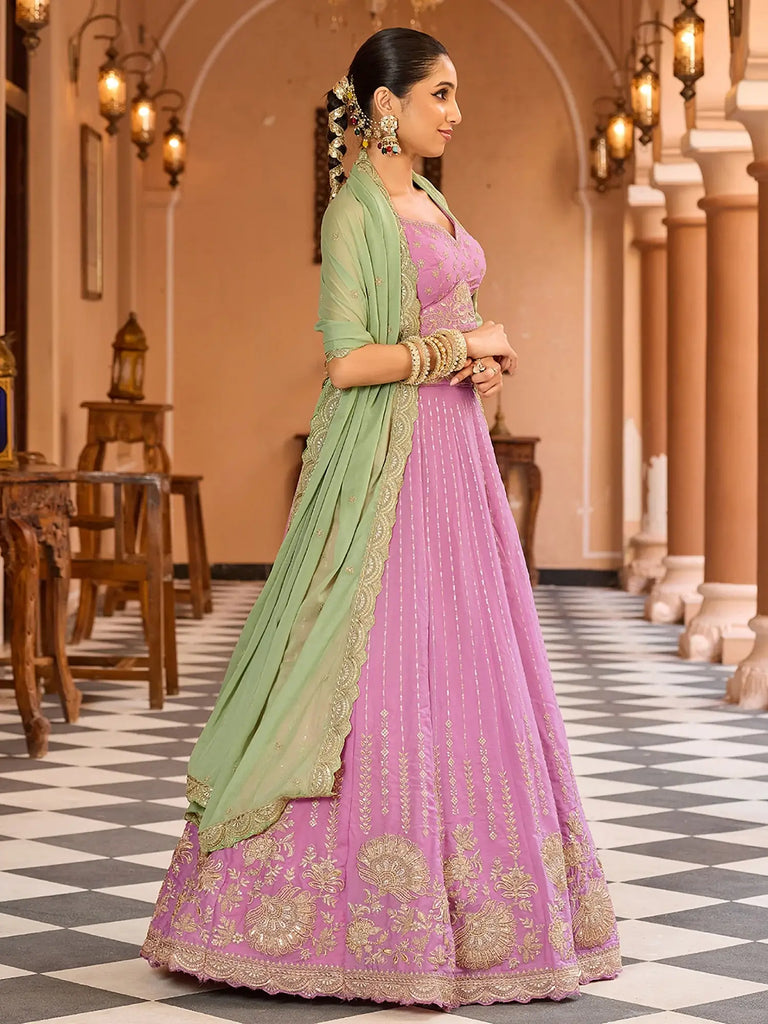 Beautiful Pink Sequins Embroidered Tissue Wedding Wear Lehenga Choli