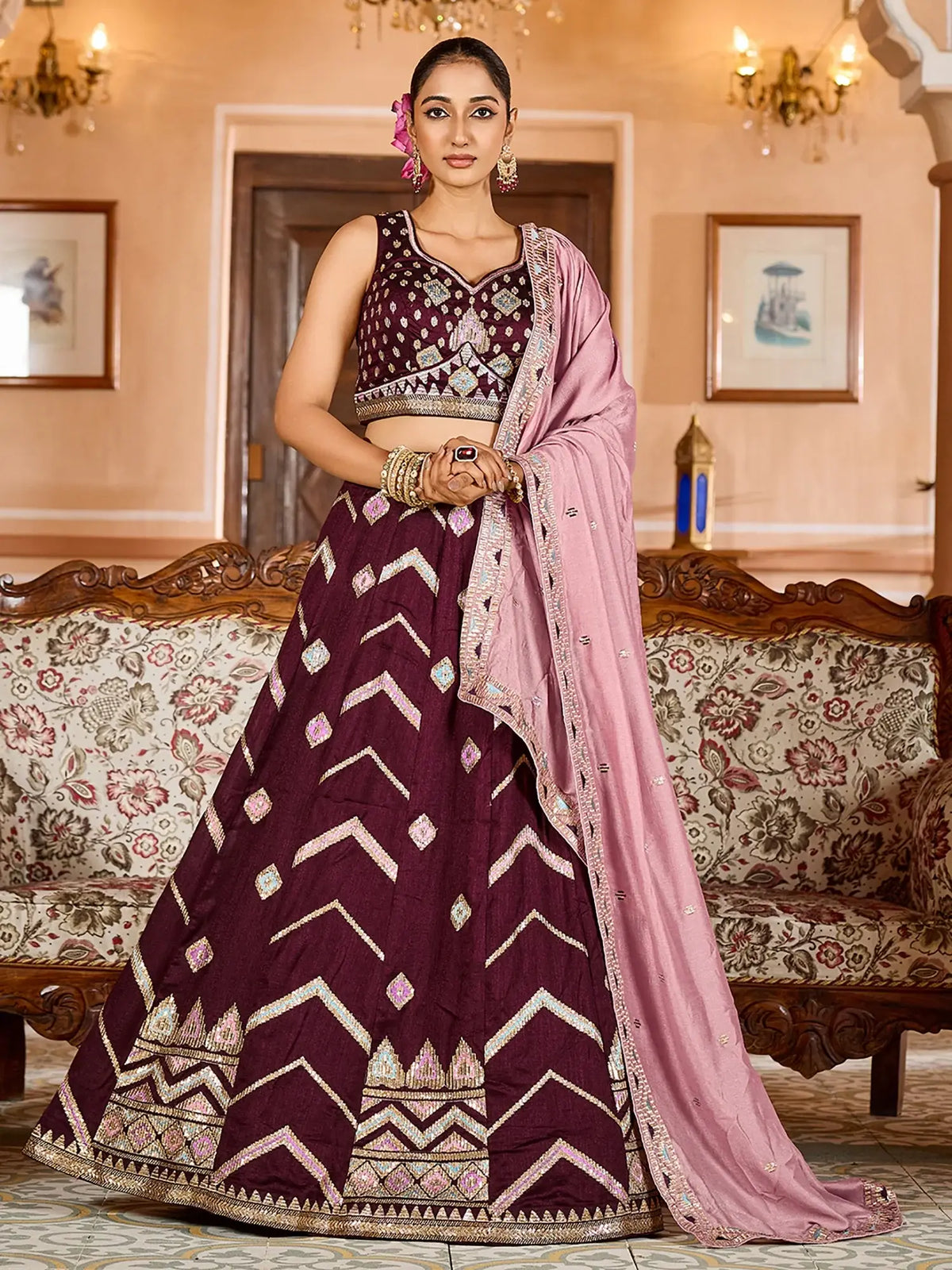 Dazzling Brown Sequins Embroidered Silk Bridesmaid Lehenga Choli