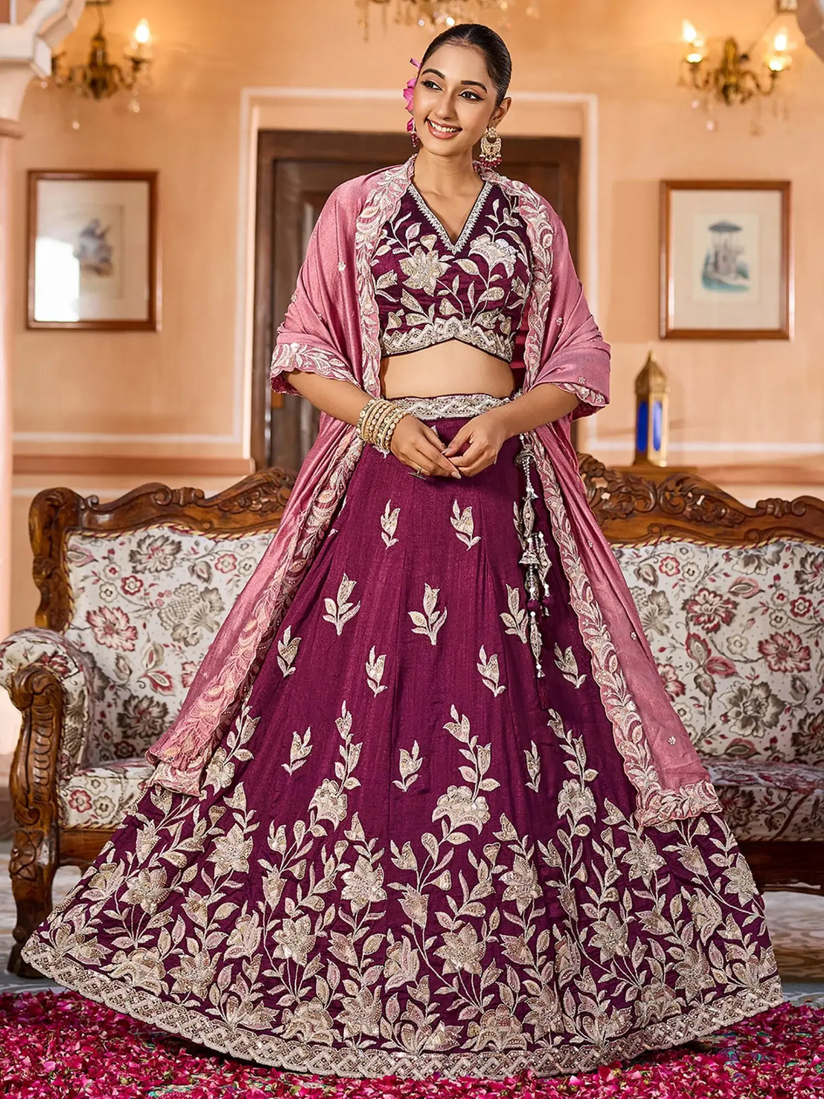 Impressive Purple Sequins Embroidered Silk Bridesmaid Lehenga Choli
