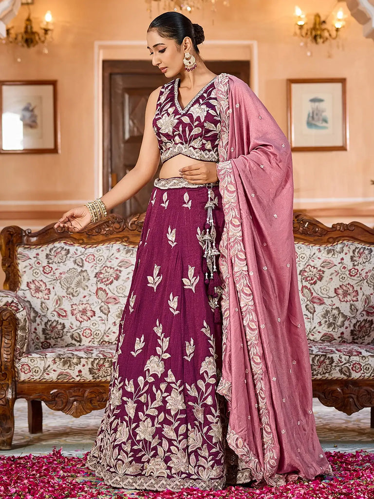 Impressive Purple Sequins Embroidered Silk Bridesmaid Lehenga Choli