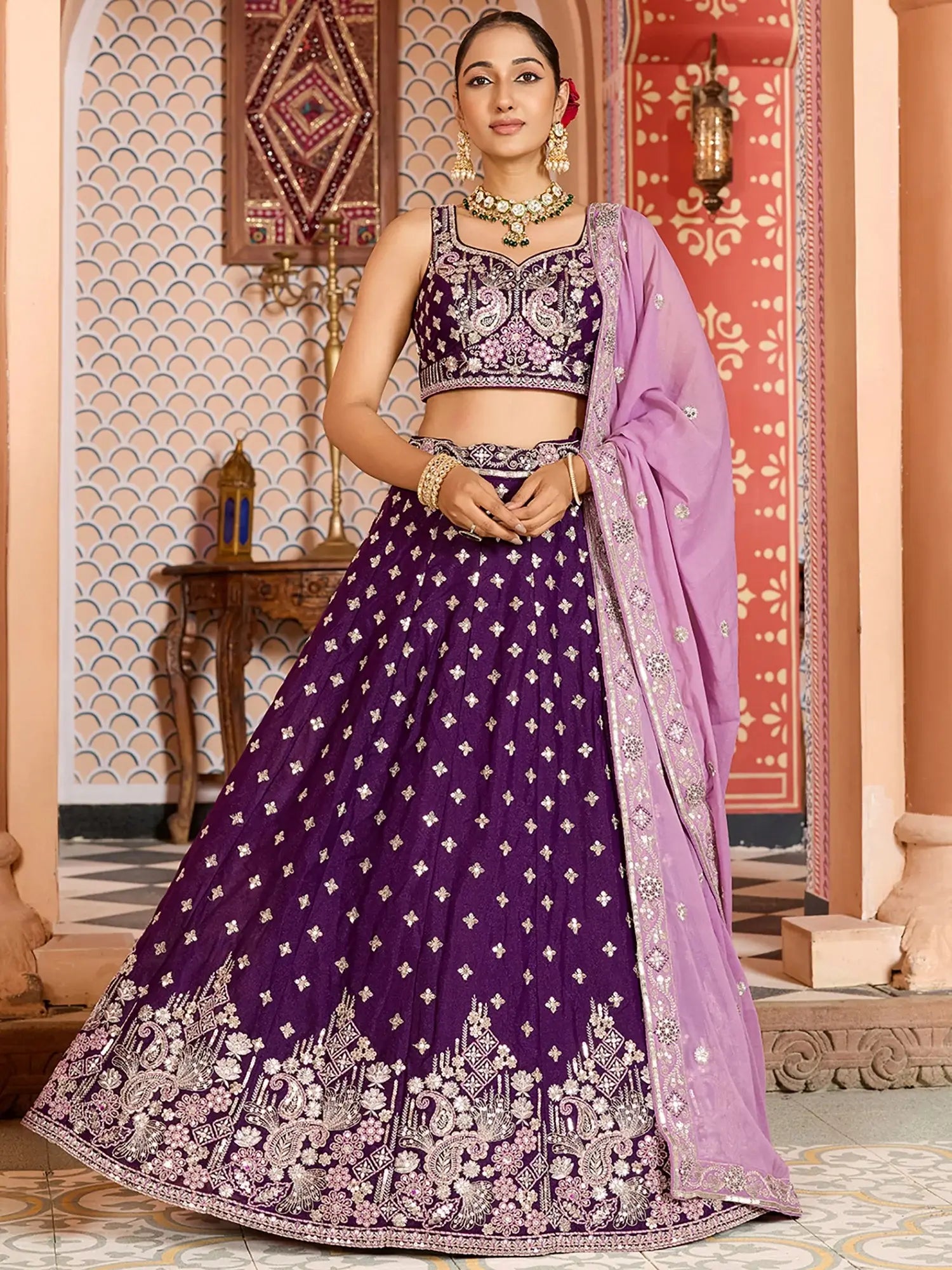 Stunning Purple Sequins Embroidered Tissue Wedding Wear Lehenga Choli