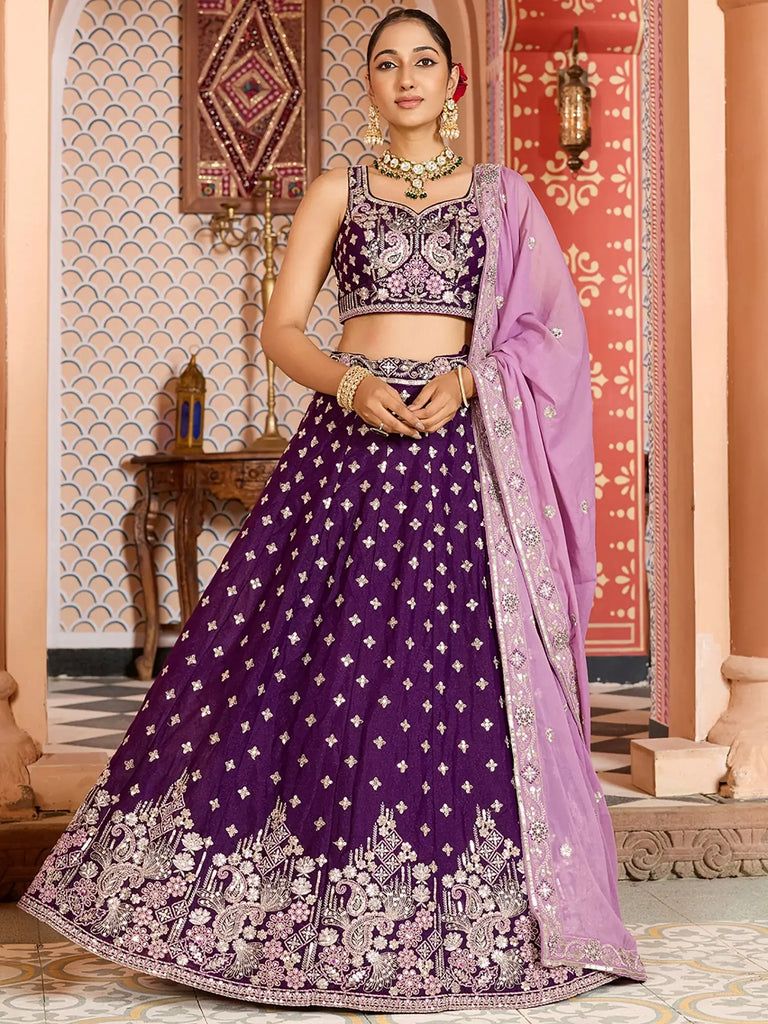 Stunning Purple Sequins Embroidered Tissue Wedding Wear Lehenga Choli