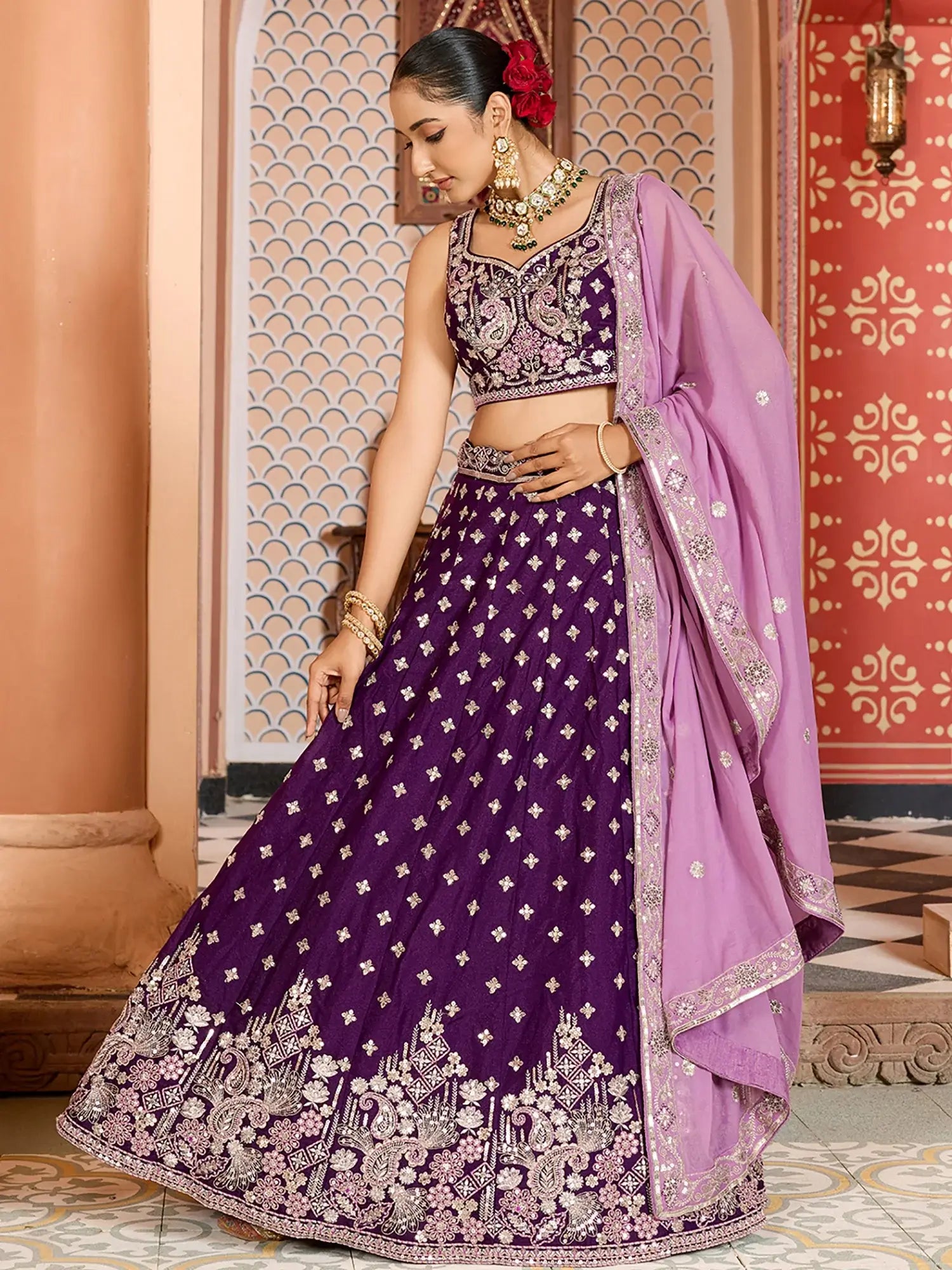 Stunning Purple Sequins Embroidered Tissue Wedding Wear Lehenga Choli