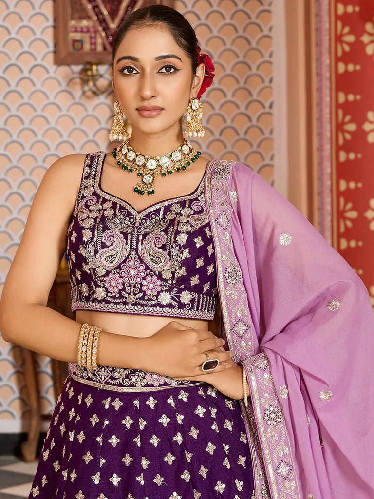 Stunning Purple Sequins Embroidered Tissue Wedding Wear Lehenga Choli