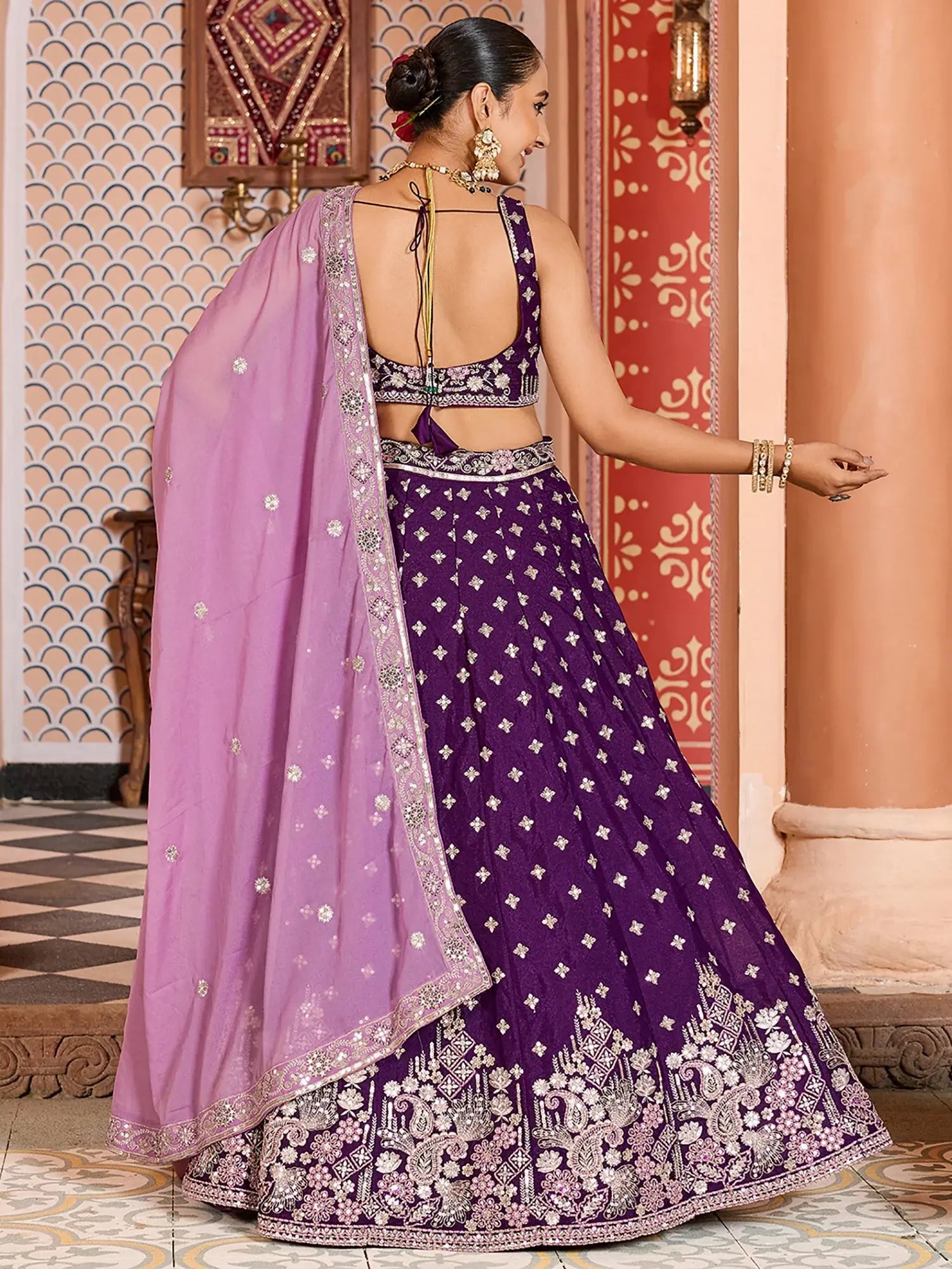 Stunning Purple Sequins Embroidered Tissue Wedding Wear Lehenga Choli