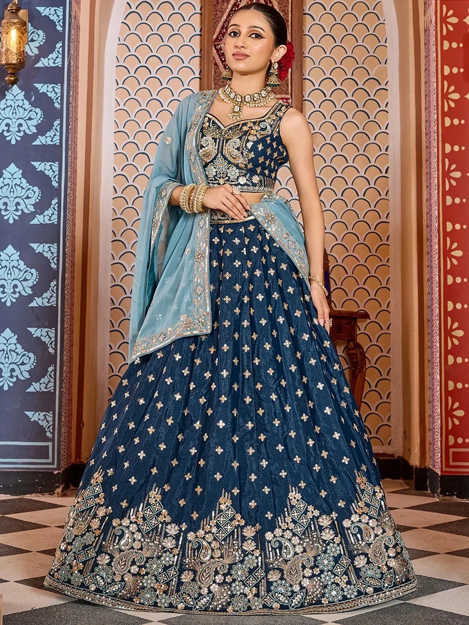 Dazzling Blue Sequins Embroidered Tissue Wedding Wear Lehenga Choli