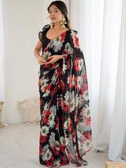 Awesome Black Floral Printed Georgette Party Wear Saree With Blouse