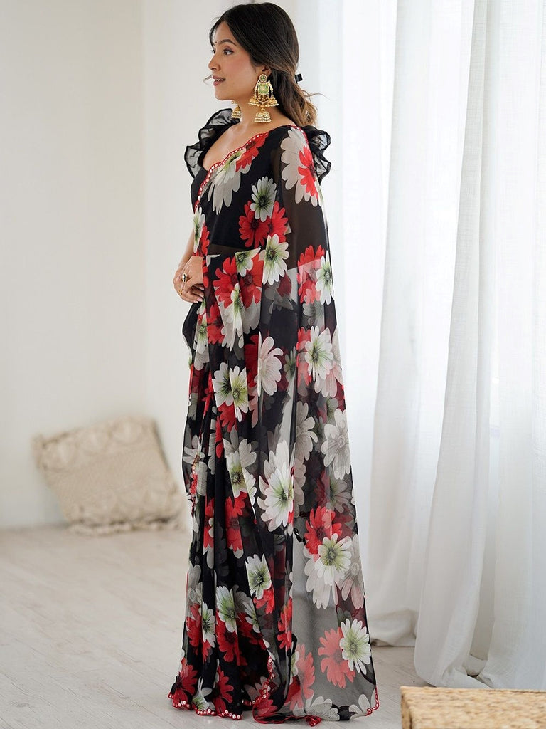 Awesome Black Floral Printed Georgette Party Wear Saree With Blouse