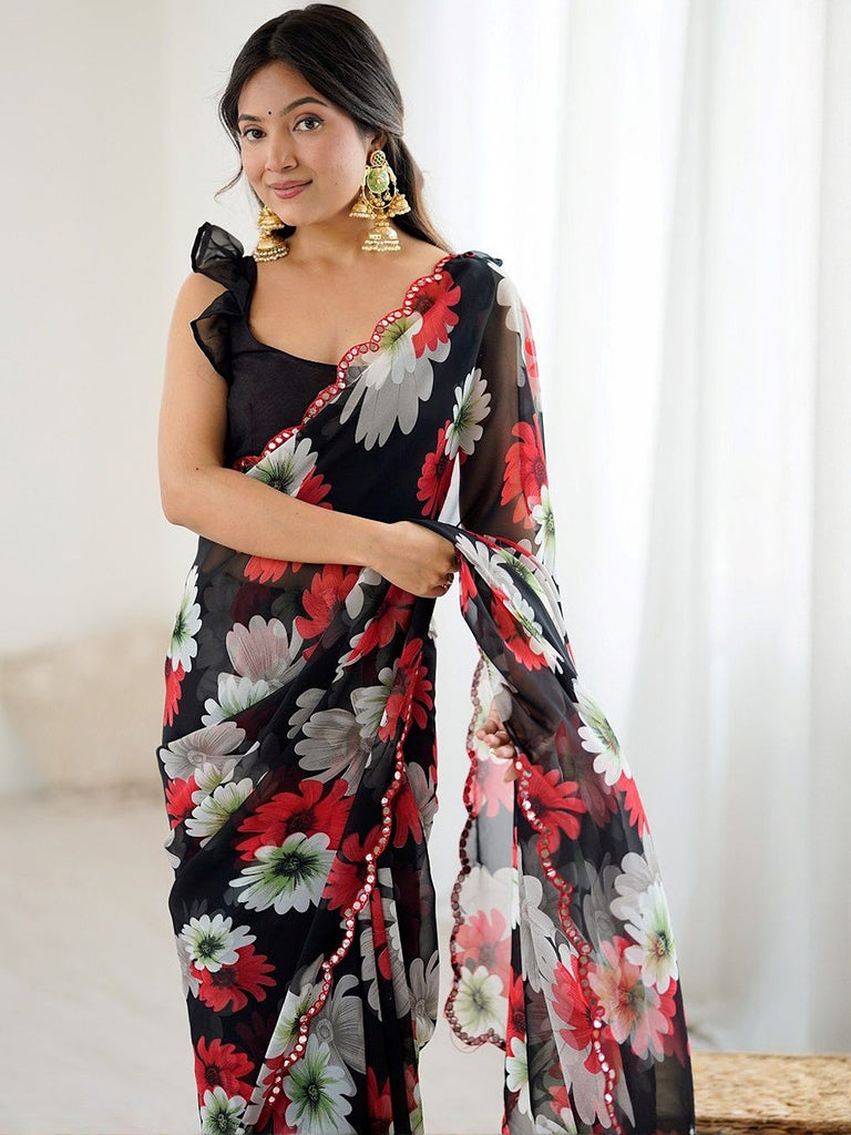 Awesome Black Floral Printed Georgette Party Wear Saree With Blouse