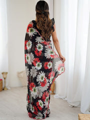 Awesome Black Floral Printed Georgette Party Wear Saree With Blouse