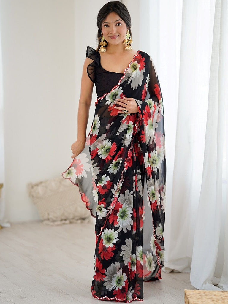 Awesome Black Floral Printed Georgette Party Wear Saree With Blouse