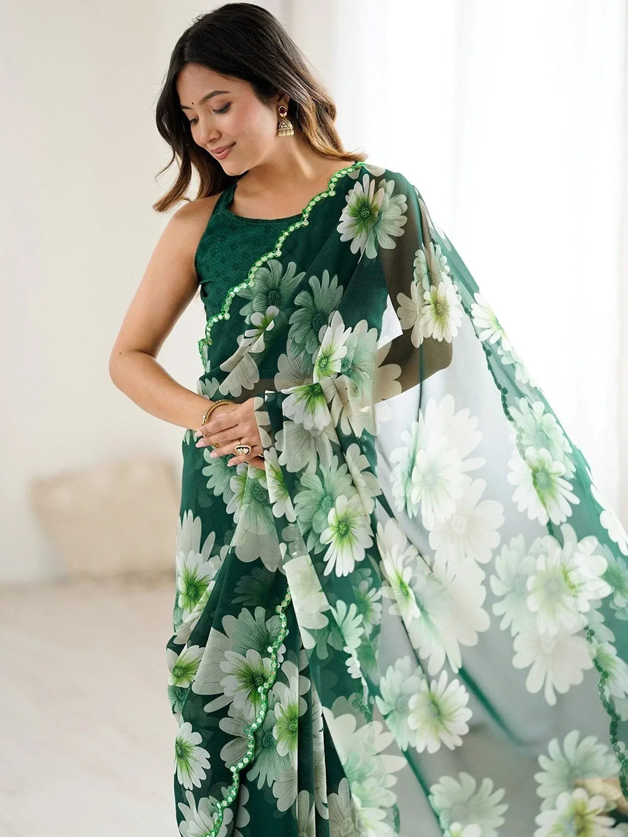 Pretty Green Floral Printed Georgette Festival Wear Saree With Blouse 