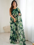 Pretty Green Floral Printed Georgette Festival Wear Saree With Blouse 