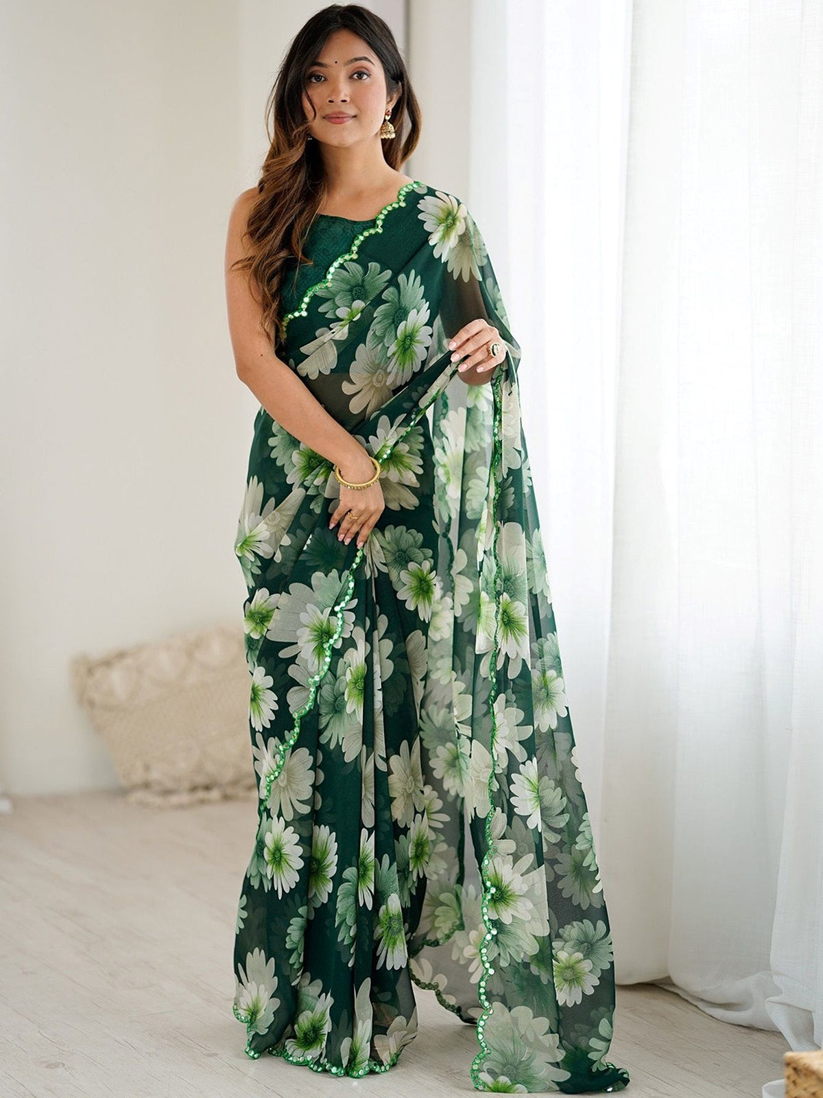 Pretty Green Floral Printed Georgette Festival Wear Saree With Blouse 