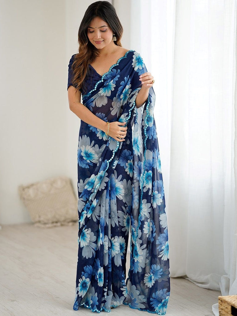 Lovely Blue Floral Printed Georgette Party Wear Saree With Blouse 