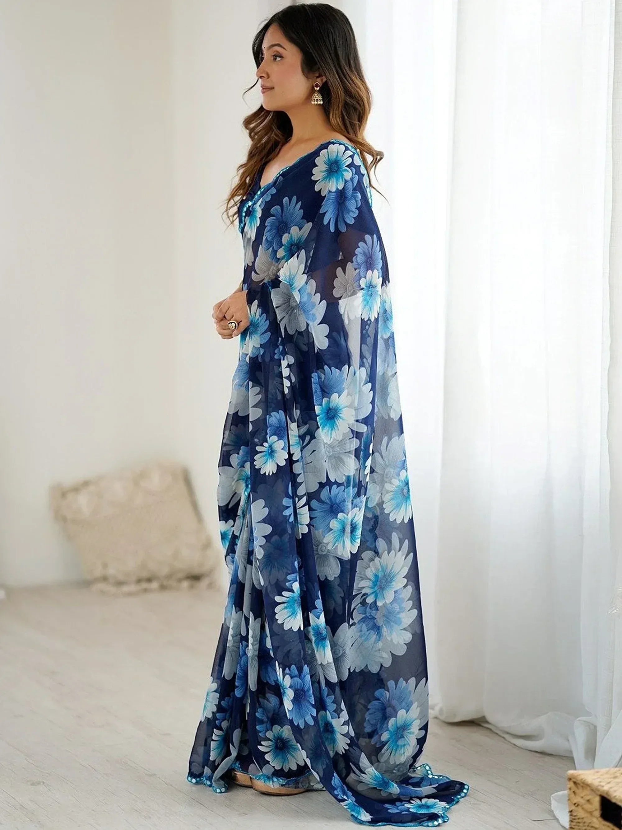 Lovely Blue Floral Printed Georgette Party Wear Saree With Blouse 