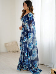 Lovely Blue Floral Printed Georgette Party Wear Saree With Blouse 