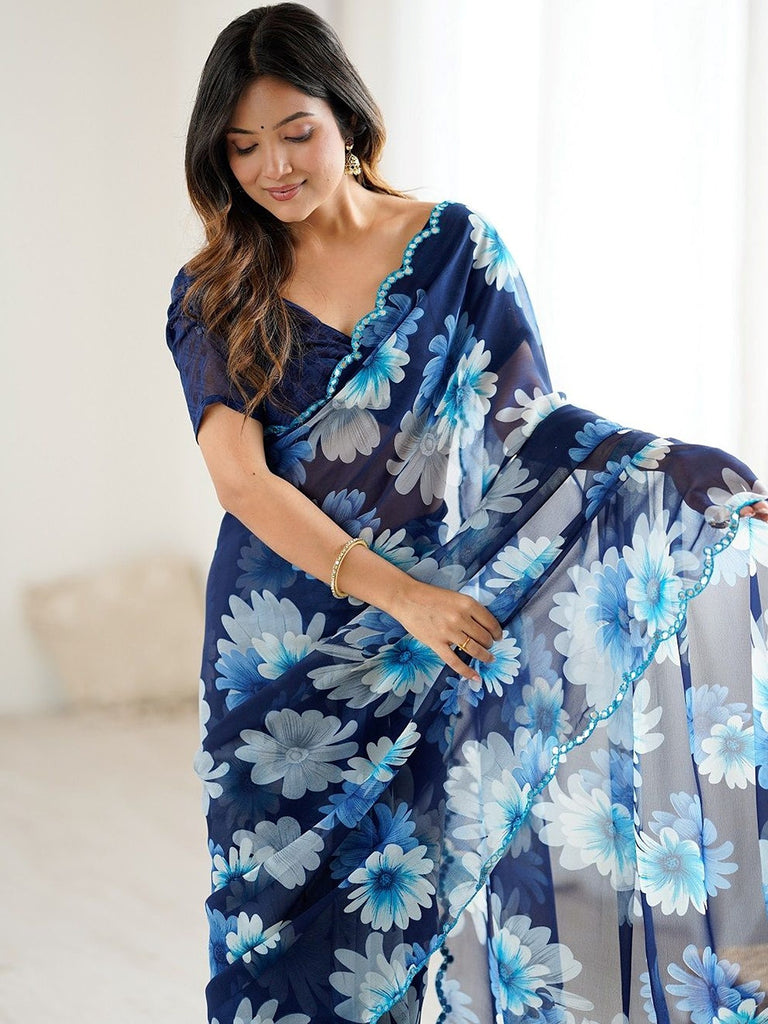 Lovely Blue Floral Printed Georgette Party Wear Saree With Blouse 