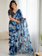 Lovely Blue Floral Printed Georgette Party Wear Saree With Blouse 