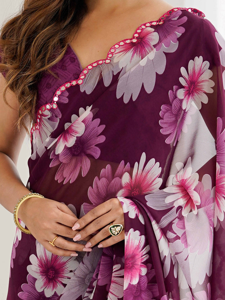 Awesome Wine Floral Printed Georgette Party Wear Saree With Blouse 